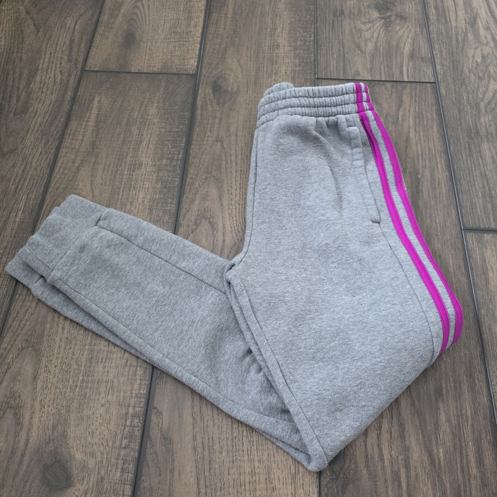 adidas Kids Gray Joggers with Vibrant Pink Stripes